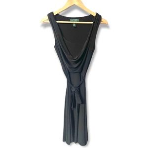LRL sexy stretch jersey knit A line w/draped cowl neckline & tie waist
